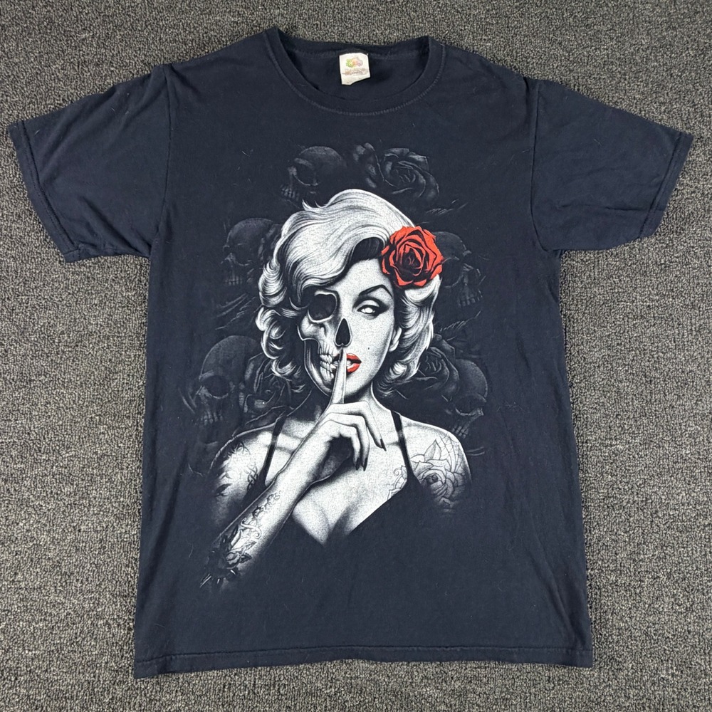 Fruit of the Loom T-Shirt Mens S HD Cotton Black Skull Rose Graphic EUC